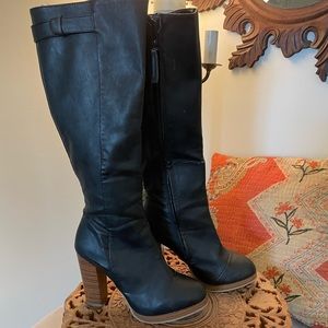 Black Faux Leather Heeled Knee Boots